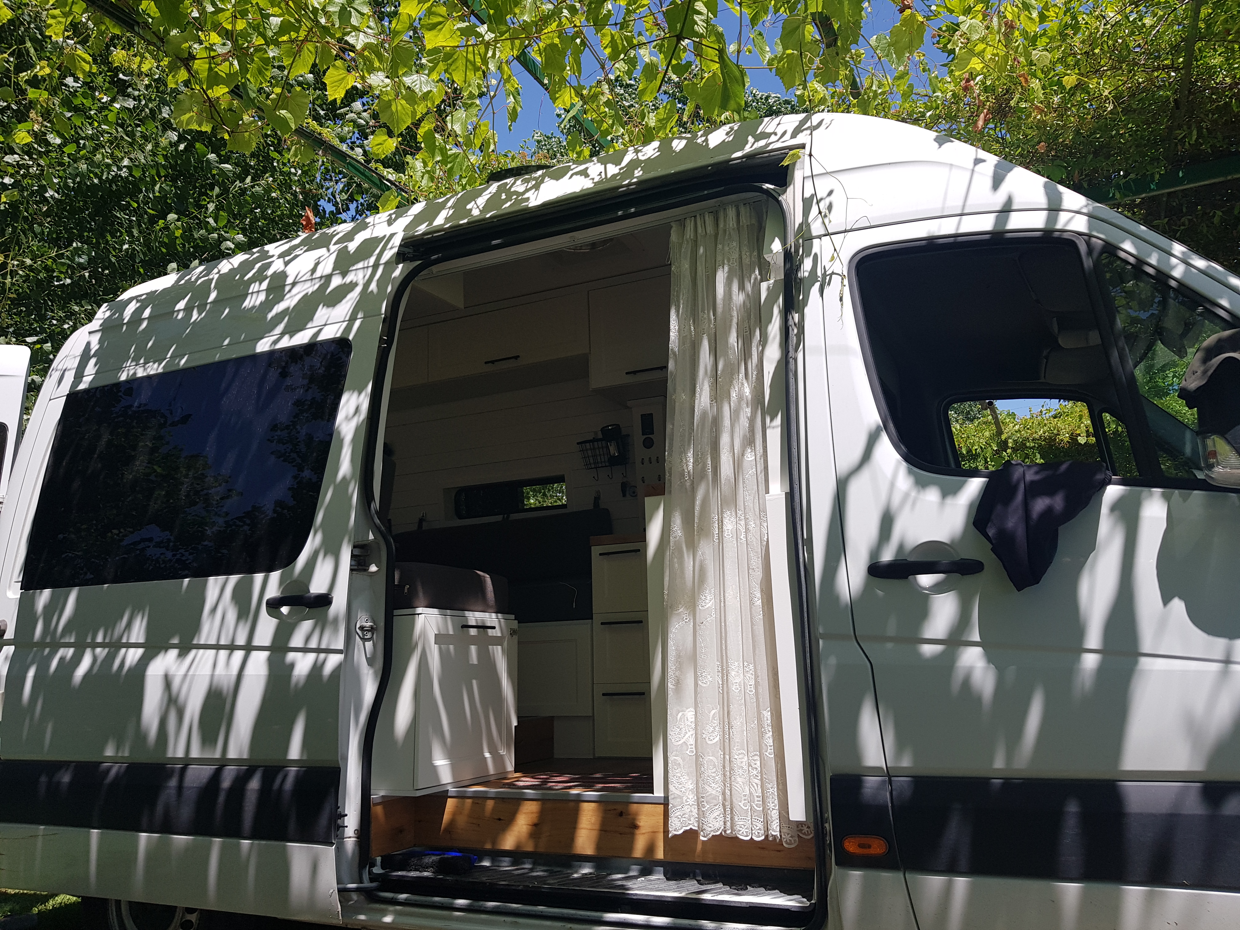 Exterior view of the DIY Mercedes Sprinter camper van featuring an open door, showcasing a cozy living space surrounded by greenery.